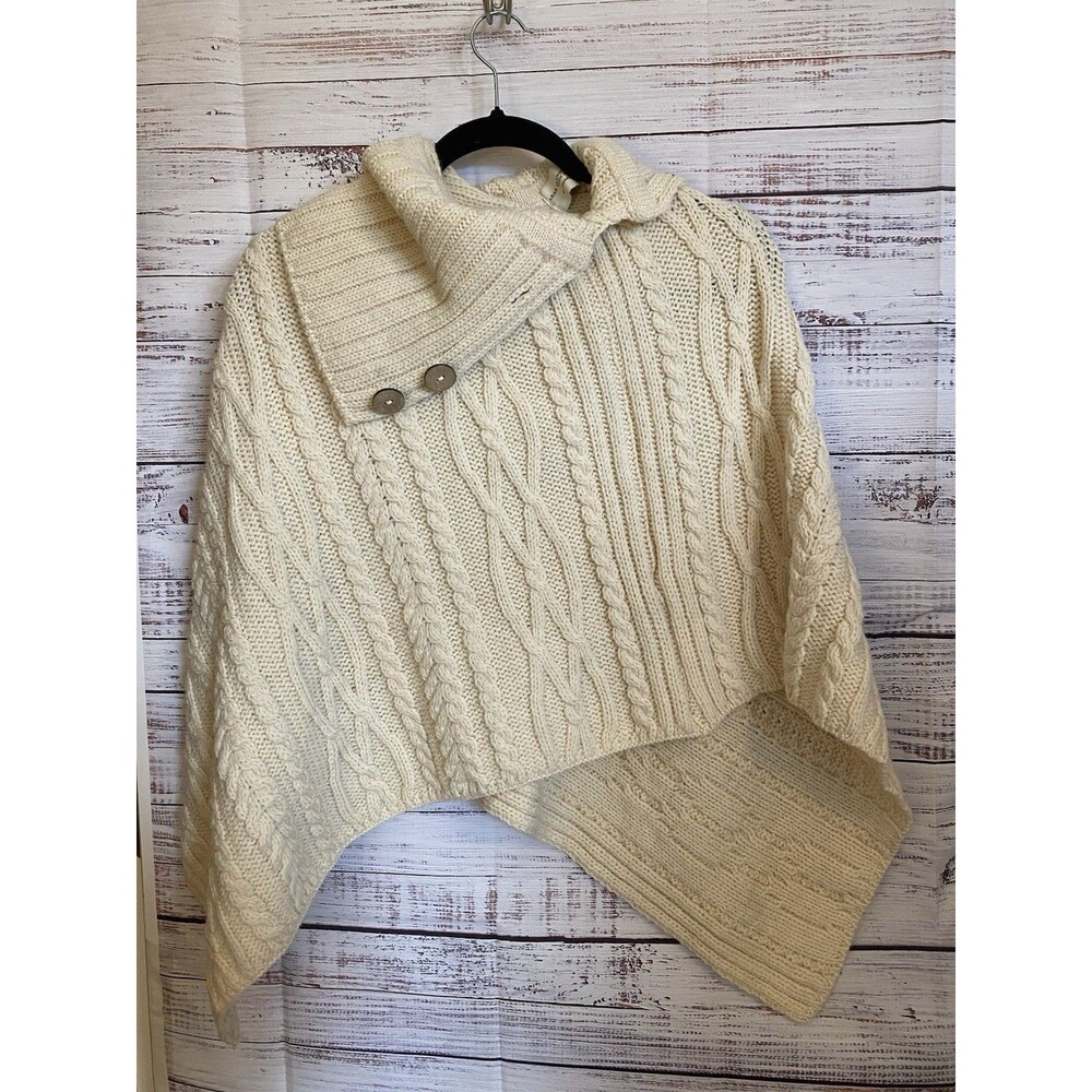 Aran Islands Womens Poncho Cream Wool Brethable cable knit shawl Neck sweater